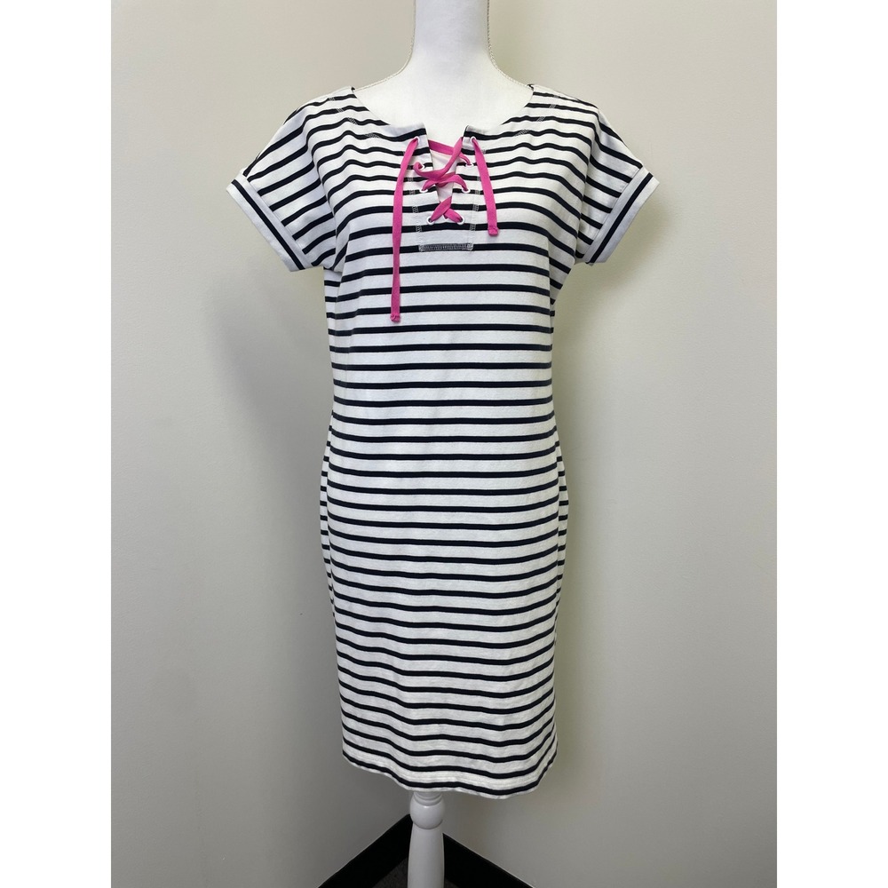 T by Talbots Navy White Striped Lace Up Dress Pink Ties M Casual Nautical